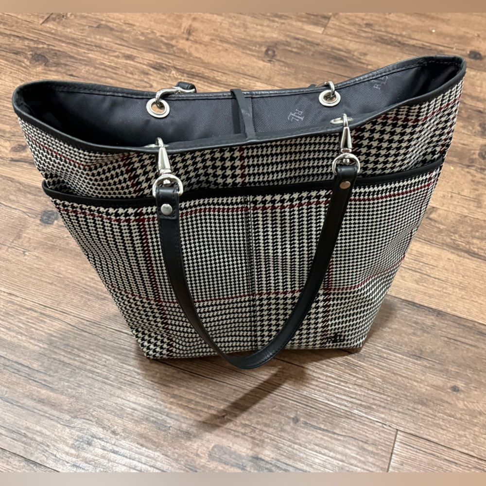 Lauren Ralph Lauren Black, White & Red Plaid Tote with Leather Straps